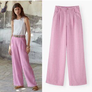 WRAP LONDON 100% Linen Wide-Leg Trousers Garment-dyed Light Magenta Size US 14
